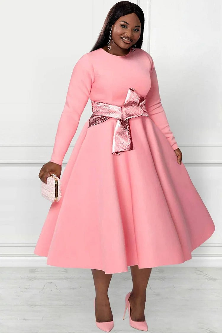 Plus Size Formal Midi Dresses Elegant Pink Fall Winter Crew Neck Long Plussizefix