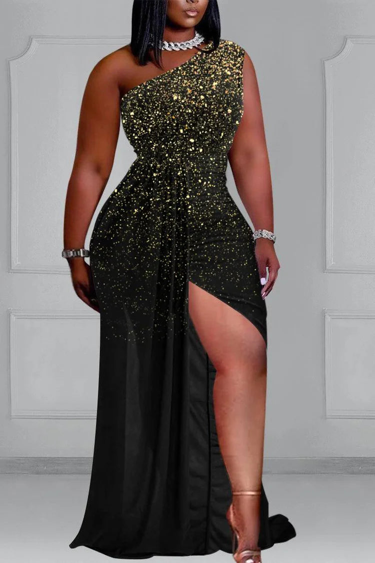 Xpluswear Design Plus Size Black Formal Sequin High Slit Maxi Dresses