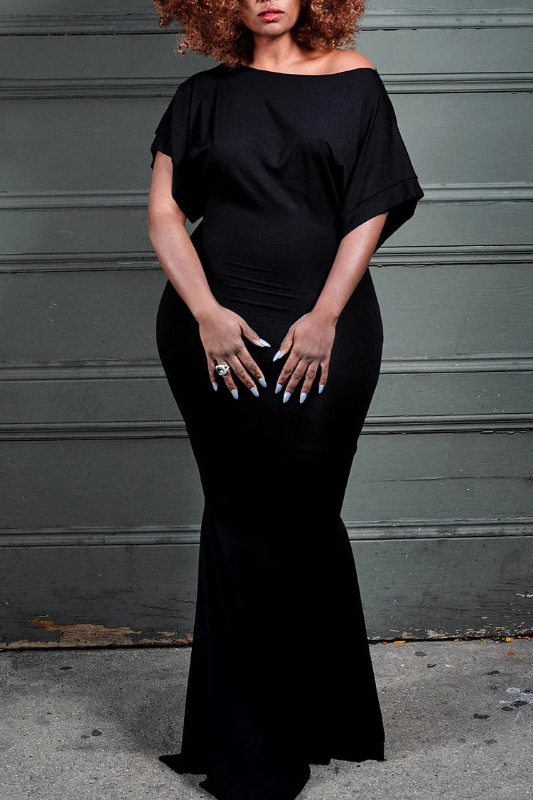 Plus Size Black Formal Mid-Sleeve Batwing Fishtail Maxi Dress